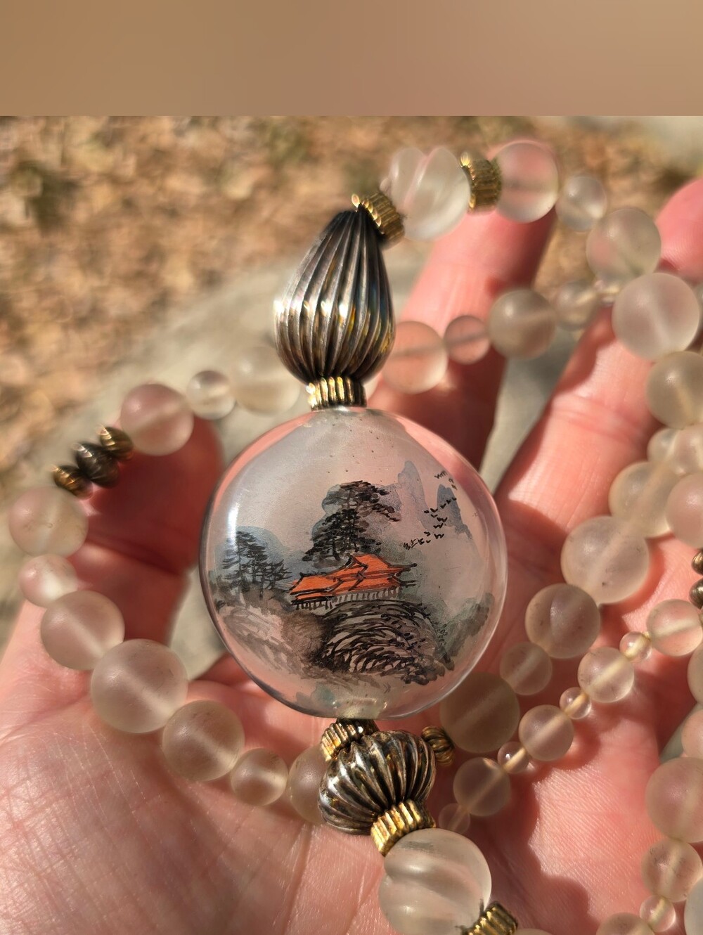 Antique Reverse Hand Painted Glass Bead Necklace